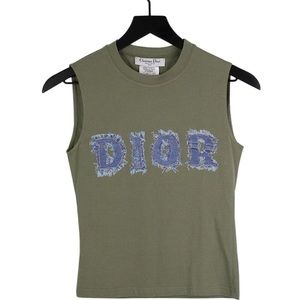 Christian Dior Vintage Logo Tank Top Denim Print Khaki